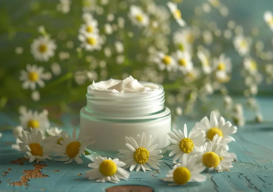  وعاء مفتوح من كريم الوجه محاط بزهور البابونج الطازجة، يوحي بفوائد البابونج للبشرة، لنضارة وحماية طبيعية.