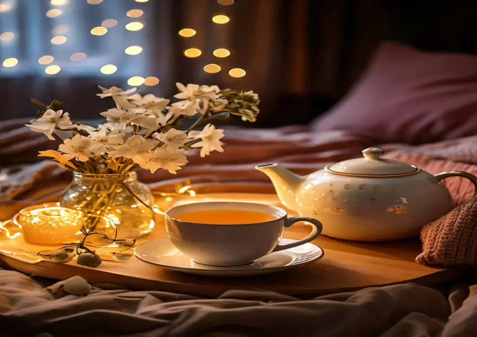 كوب من الشاي مع إبريق وزهور على صينية في بيئة هادئة ومريحة، يوحي بدليل شامل لفوائد البابونج لصحة وجمال وراحة المرأة.
