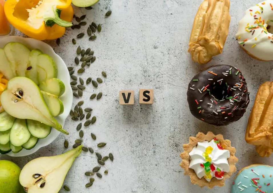 High Angle View Tasty Food Showing Healthy Versus Unhealthy Concept