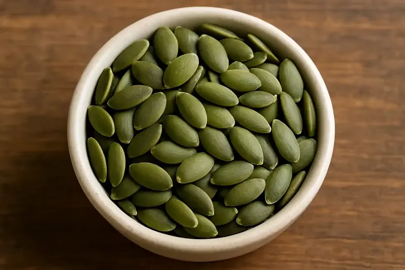 Close-up of a small white bowl filled with green pumpkin seeds (pepitas) on a wooden surface.