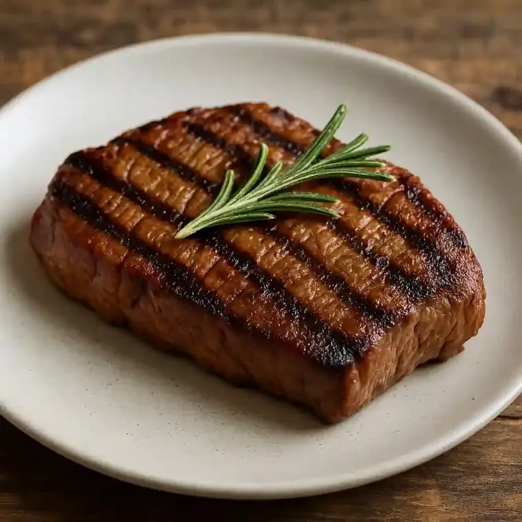 Grilled lean sirloin steak with rosemary garnish on a white plate over a wooden surface
