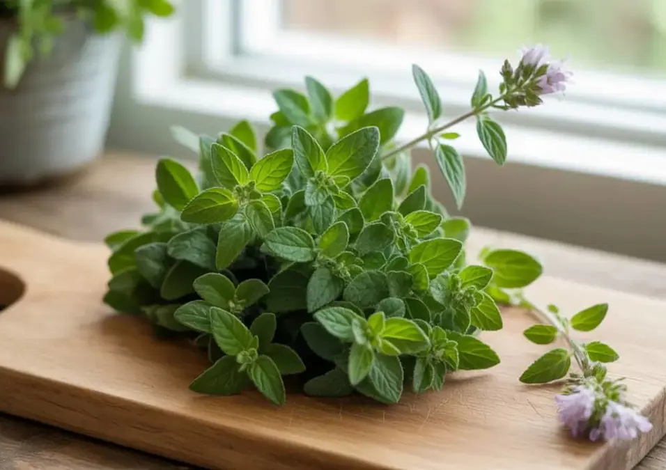 باقة من البردقوش الطازج على لوح تقطيع خشبي بجوار نافذة، يوحي بفوائده للتخسيس كطريقة طبيعية لخسارة الوزن.
