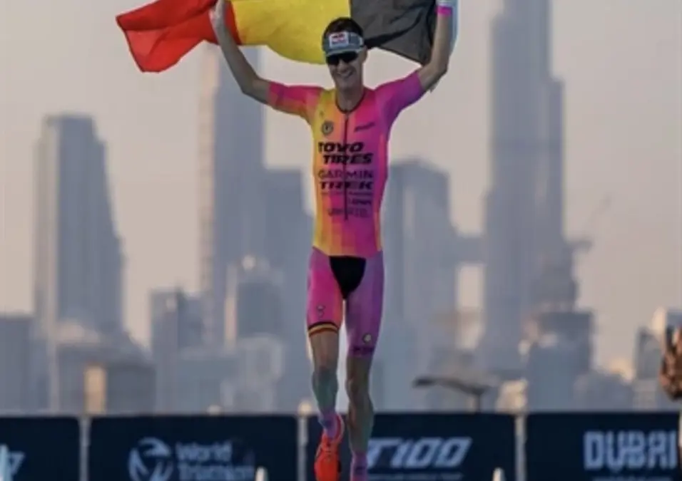 Marten Van Riel winning the Dubai T100 Triathlon in 2024 at Meydan Racecourse. 