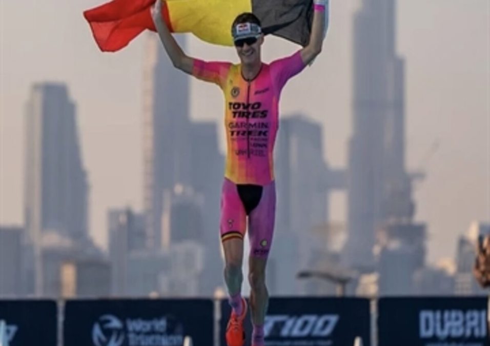 Marten Van Riel winning the Dubai T100 Triathlon in 2024 at Meydan Racecourse.