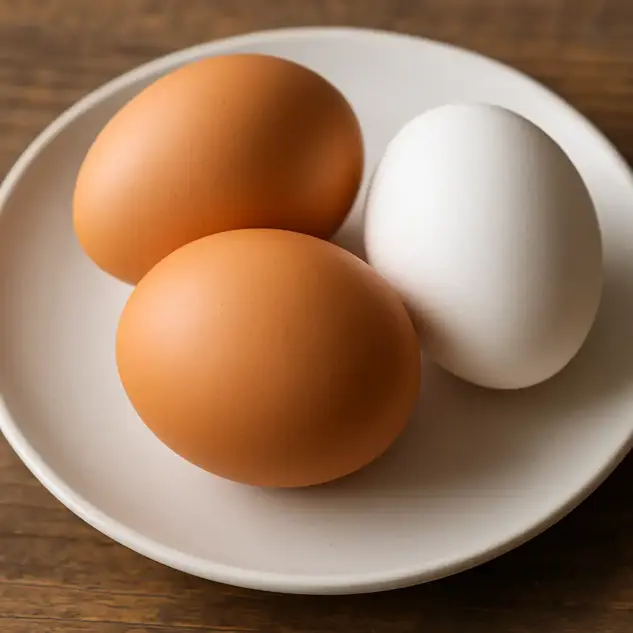 Three whole eggs, two brown and one white, arranged on a white plate