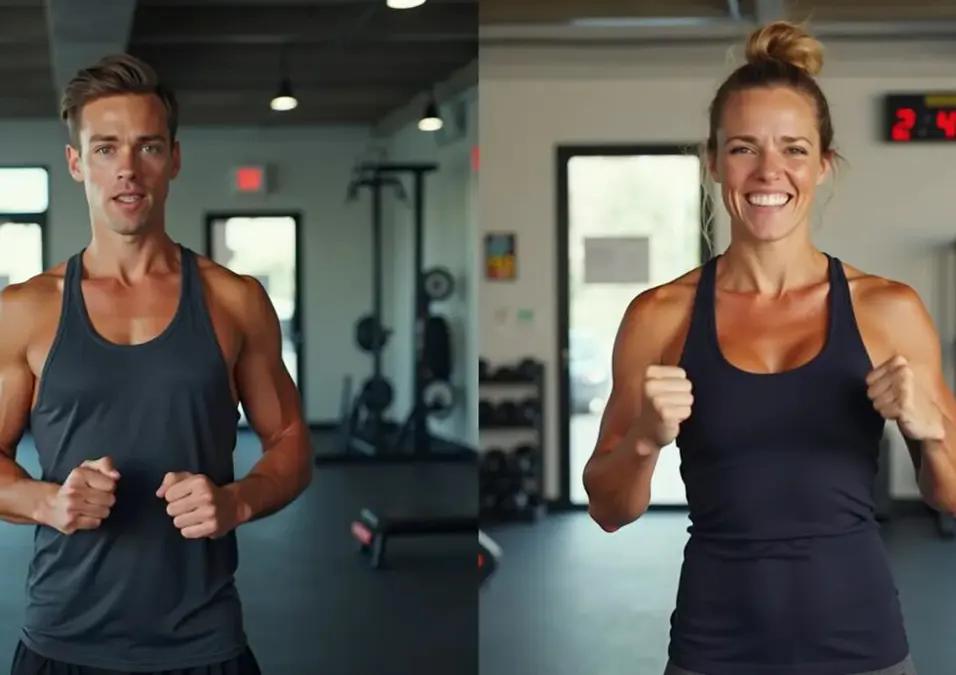 Girl and man exercising