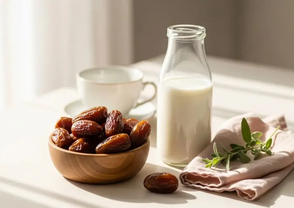 وعاء خشبي مليء بـ التمر الطازج بجانب زجاجة حليب وكوب أبيض على طاولة، مما يسلط الضوء على فوائد التمر مع الحليب كمشروب طبيعي للطاقة وزيادة الوزن.
