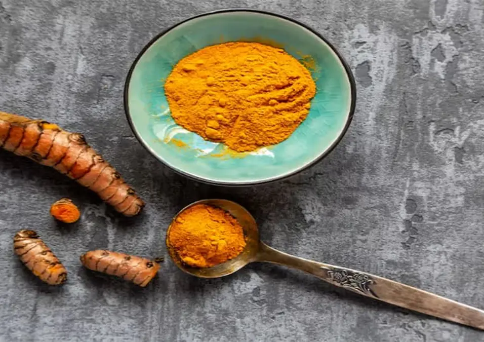 لقطة من الأعلى لوعاء فيروزي وملعقة فضية مملوءان بـ مسحوق الكركم الزاهي، بجانب جذور الكركم الطازجة على سطح حجري رمادي، مما يتساءل عن فوائده للنساء ويسلط الضوء على أهم المحاذير.