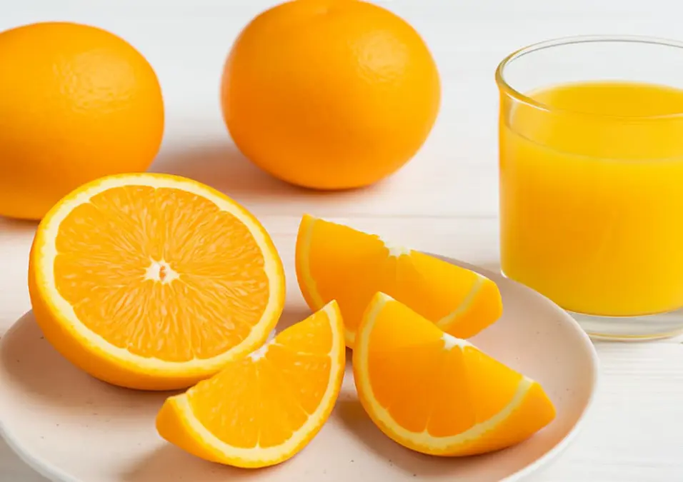 برتقال طازج، بعضه مقطع، مع كوب من عصير البرتقال، يستكشف عدد السعرات الحرارية في البرتقال حسب الحجم والوزن.