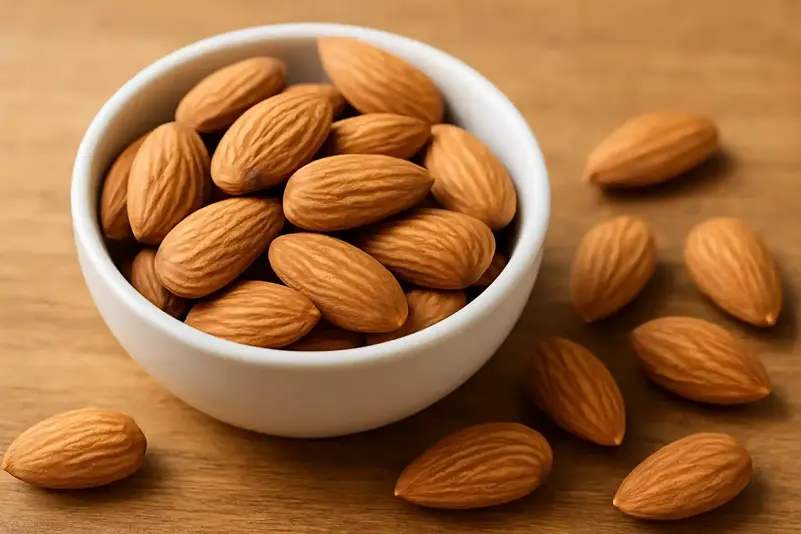 white ceramic bowl filled with whole almonds, with a few almonds