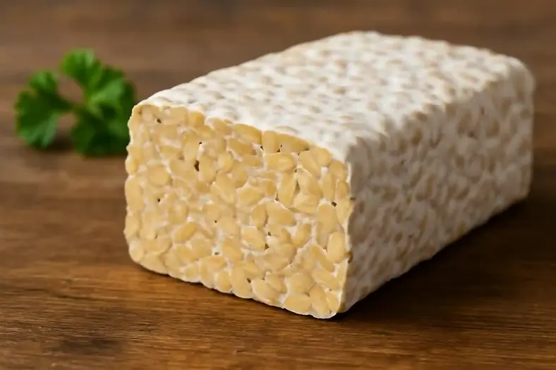 rectangular block of tempeh showing embedded soybeans