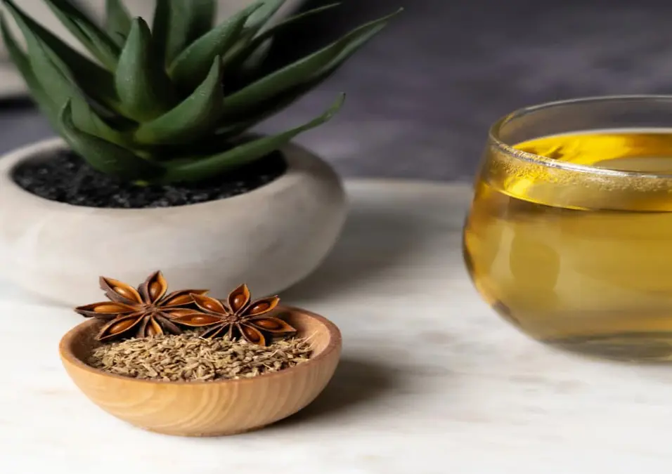 وعاء من بذور اليانسون واليانسون النجمي بجانب كوب من شاي اليانسون، يوحي بفوائد اليانسون كعلاج طبيعي للقولون والمعدة.