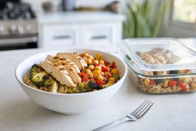 Healthy ready meal of grilled chicken, brown rice and vegetables with a meal-prep container
