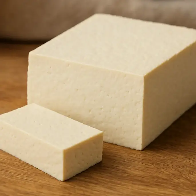 block of firm tofu with a smaller slice in front
