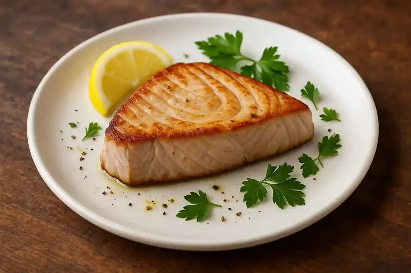 Seared tuna steak with a golden crust, garnished with parsley and a lemon wedge on a white plate against a wooden background