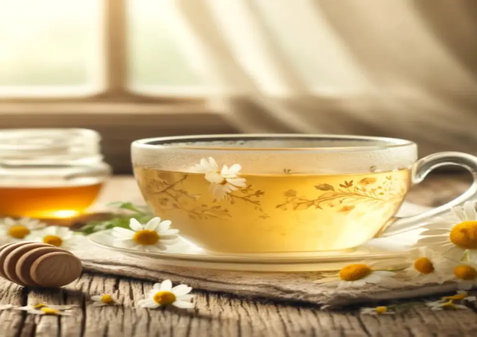 كوب من شاي البابونج مع زهور البابونج ووعاء عسل على طاولة خشبية، يوحي بفوائد البابونج المدهشة لصحتك ونومك.