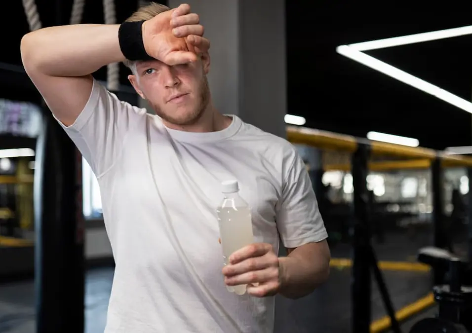 رجل متعب في الجيم يحمل مشروب بروتين، يعبر عن آثار سيرياس ماس الجانبية.