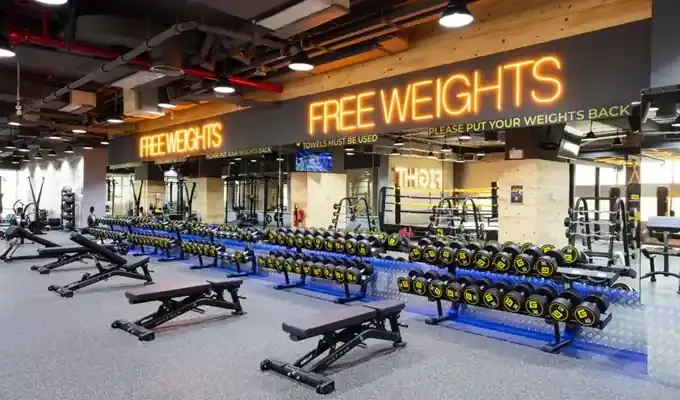 Gym free weight room equipped with dumbbells, barbells, and many more weightlifting equipments.