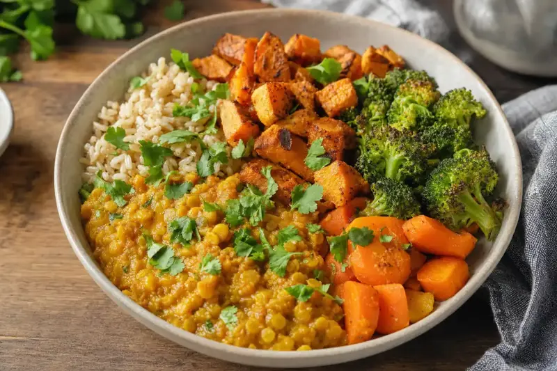 Curried lentil bowl with sweet potato, broccoli, carrots and brown rice