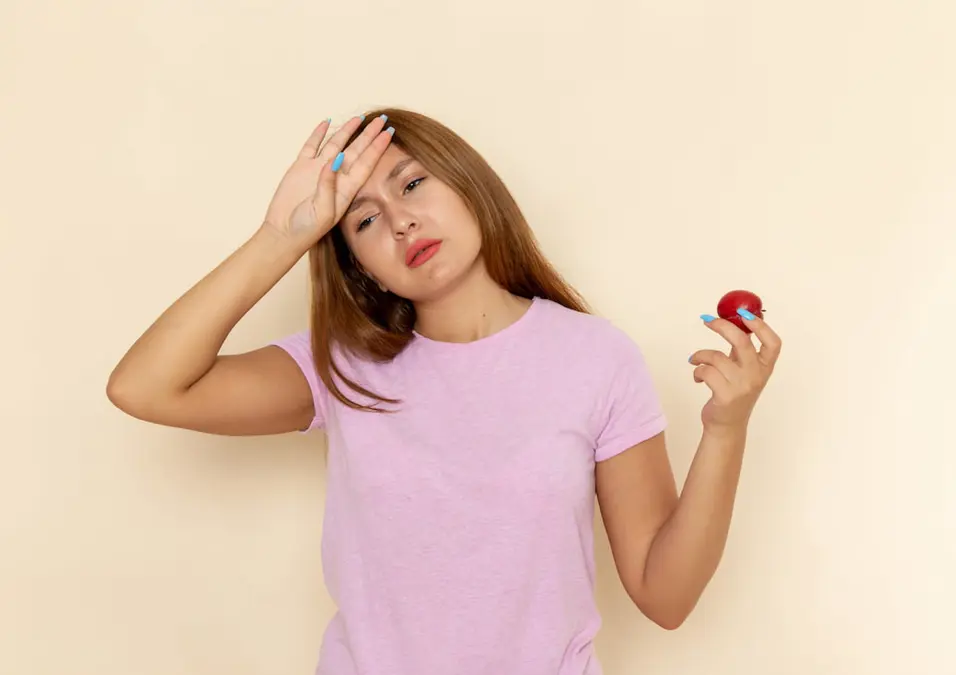  امرأة تبدو متعبة وتضع يدها على جبينها، تحمل جسماً أحمر صغيراً، تشير إلى الأعراض التحذيرية لنقص الحديد.