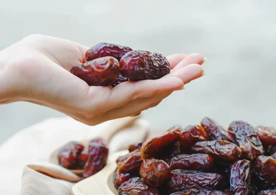 لقطة قريبة ليد امرأة تحمل عدة حبات من التمر الداكن الكبير، مع وجود وعاء خشبي مليء بالتمر في الخلفية، مما يسلط الضوء على الفوائد الصحية للتمر للنساء.