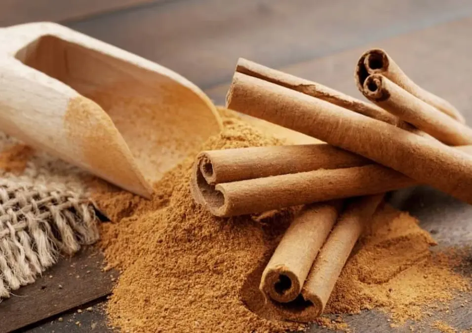 كومة من القرفة المطحونة مع أعواد القرفة ومغرفة خشبية على سطح من الخيش، مما يوحي بفوائد القرفة للنساء وما يجب معرفته.