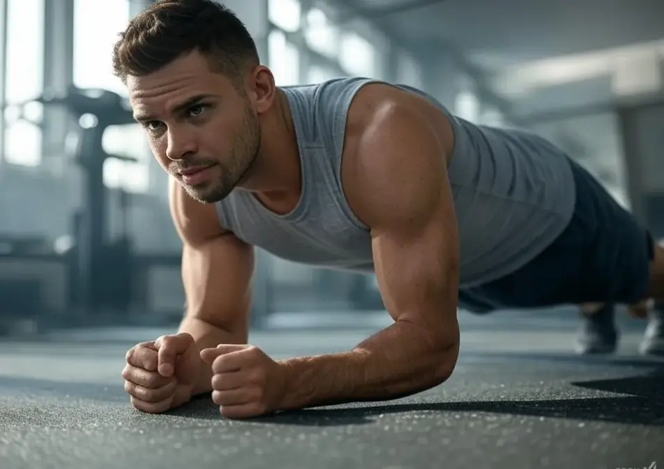رجل يقوم بتمرين البلانك في صالة الألعاب الرياضية، مرتديًا قميصًا رياضيًا رماديًا