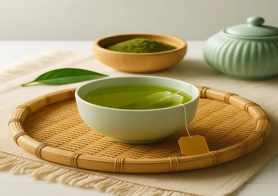 كوب من الشاي الأخضر مع كيس شاي على صينية منسوجة، مع مسحوق الماتشا ووعاء سكر في الخلفية، يوحي بفوائد الشاي الأخضر المثبتة علمياً من أجل صحة أفضل.