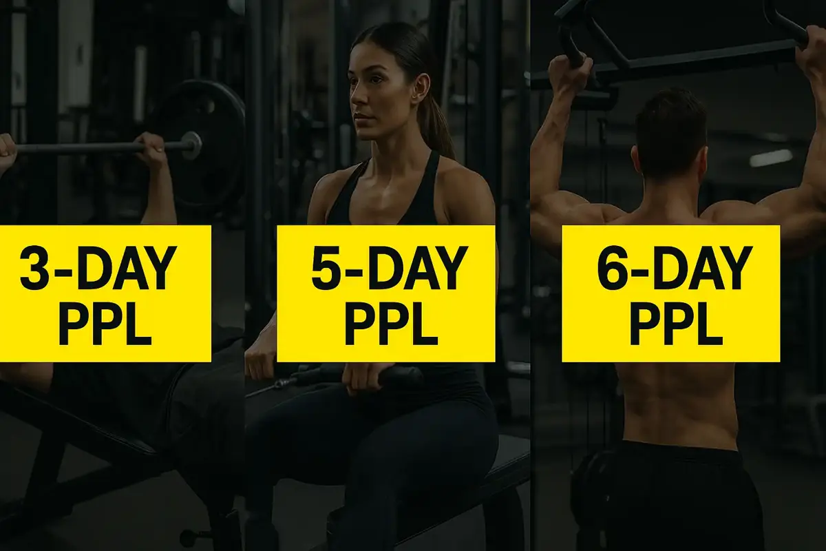 3-day, 5-day, and 6-day Push Pull Legs (PPL) workout routines, with bold yellow labels over gym background