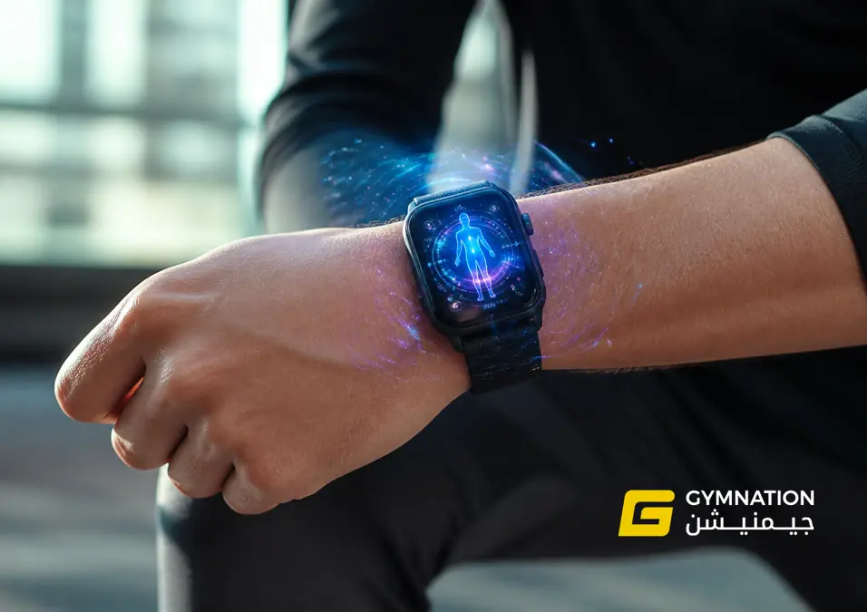 A close-up of a wrist wearing a smartwatch, displaying vibrant digital graphics. Glowing lines and sparkles radiate from the