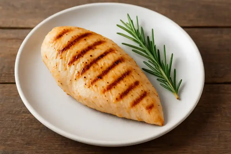 Grilled skinless Turkey Breast on a white plate garnished with parsley