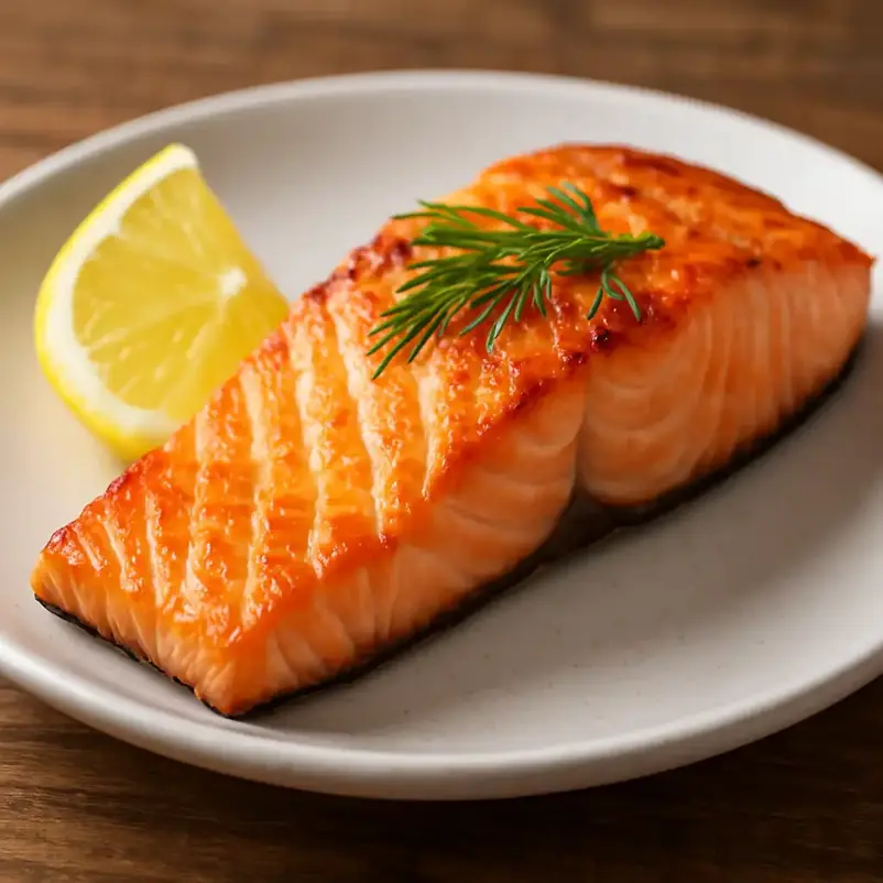 seared salmon fillet on a white plate