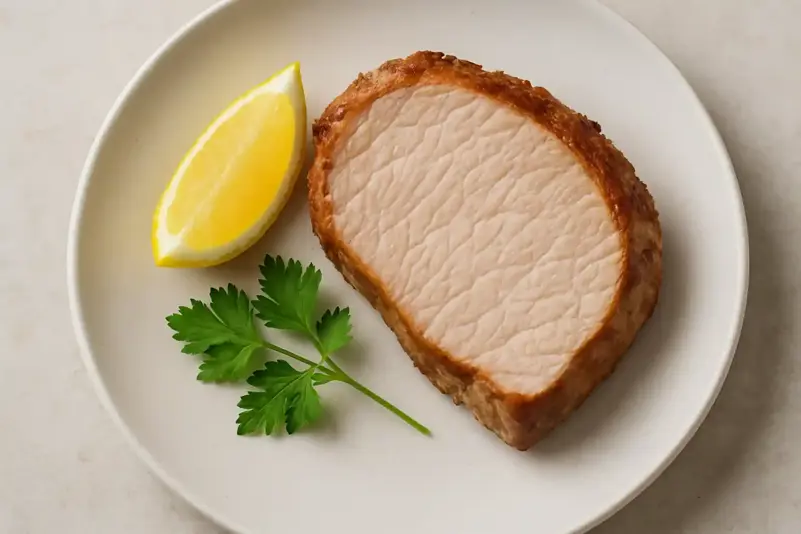 Close-up of a cooked lean pork tenderloin slice on a white plate, garnished with a lemon wedge and parsley
