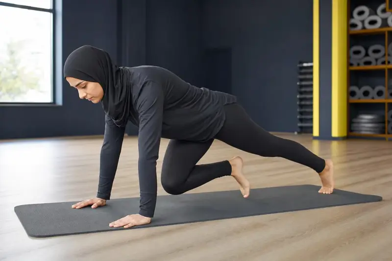 امرأة ترتدي حجابا رياضيا تؤدي تمرين تسلق الجبل