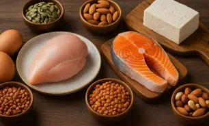 GNview of an assortment of high-protein foods—including chicken breast, eggs, salmon, tofu, lentils, and almonds—arranged on wooden bowls