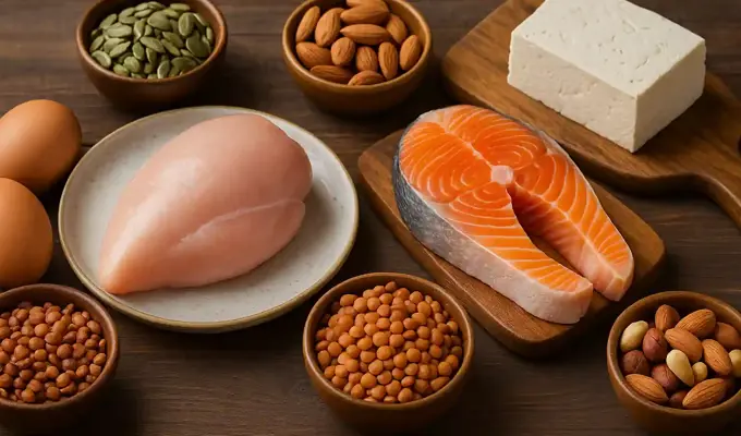 view of an assortment of high-protein foods—including chicken breast, eggs, salmon, tofu, lentils, and almonds—arranged on wooden bowls