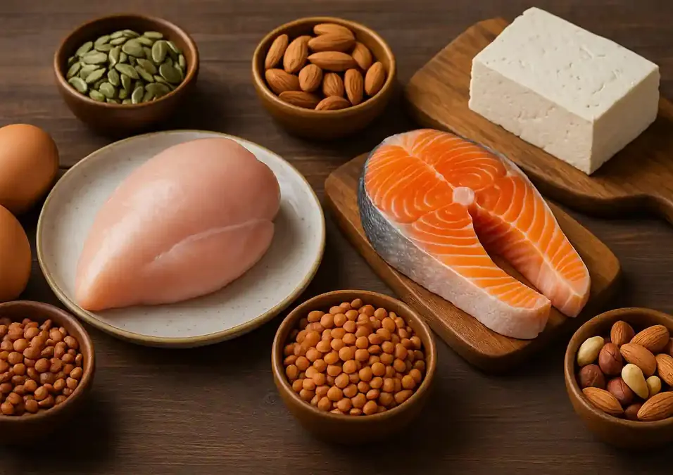 view of an assortment of high-protein foods—including chicken breast, eggs, salmon, tofu, lentils, and almonds—arranged on wooden bowls