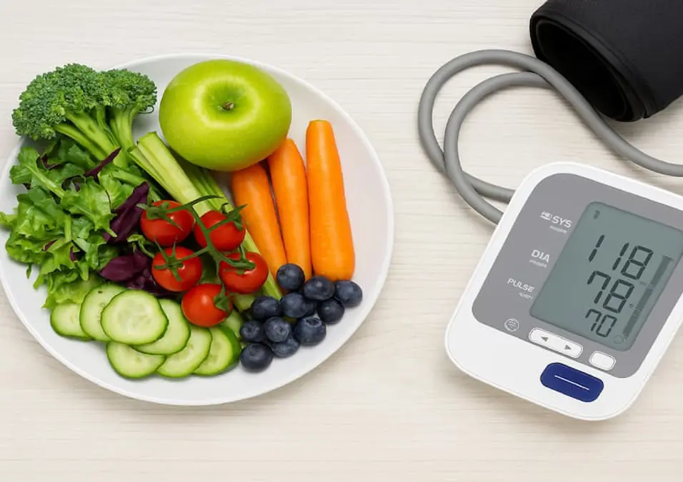 طبق من الطعام الصحي بجانب جهاز قياس ضغط الدم، يقترح أفضل الطرق الطبيعية والطبية للسيطرة على الضغط المرتفع والوقاية منه.