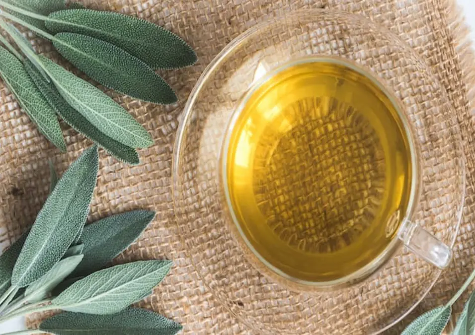 لقطة من الأعلى لكوب زجاجي شفاف مليء بـ شاي الميرمية الذهبي على سطح من الخيش، محاط بأوراق الميرمية الخضراء الطازجة، مما يتساءل عن فوائد الميرمية للتنحيف وهل تنحف البطن فعلاً.