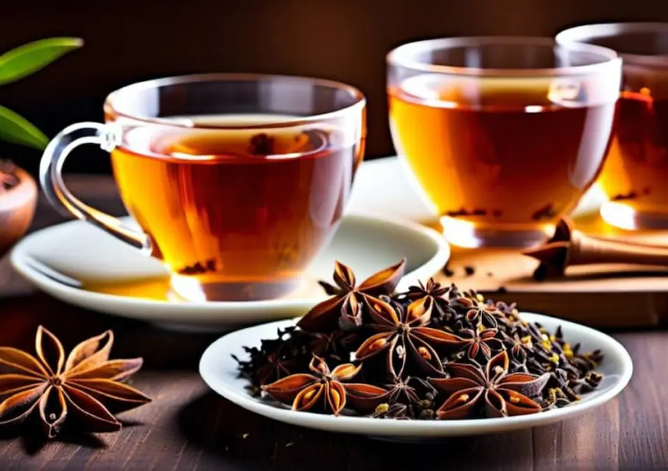 أكواب من شاي اليانسون بجانب اليانسون النجمي وبذور اليانسون، تسلط الضوء على الاستخدامات الفعالة لليانسون لجمال وصحة المرأة.