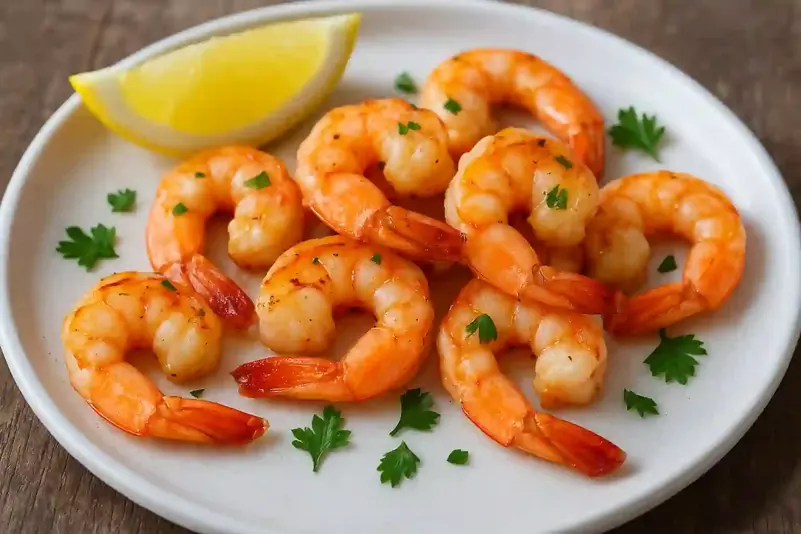 Close-up of cooked shrimp arranged on a white plate, garnished with parsley and a lemon wedge on a rustic wooden table