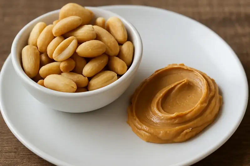 Top view of a white plate with a small bowl of roasted peanuts and a dollop of creamy peanut butter on a wooden table